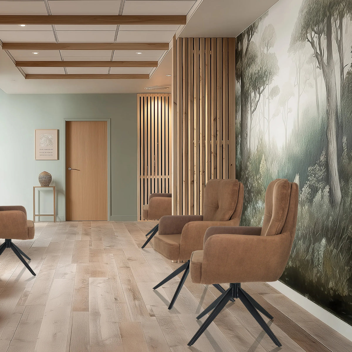 Bruine gestoffeerde stoelen TARUGO met zwarte stervormige poten in een moderne ruimte van hjh LIVING