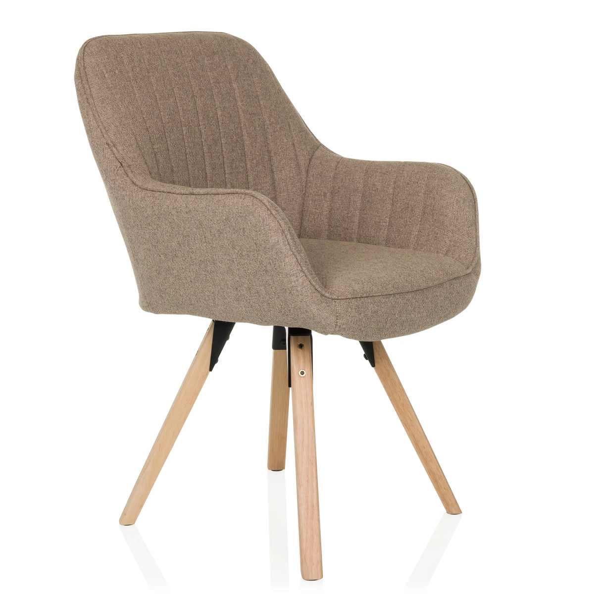 Beige gestoffeerde stoel SCANDI SOFT met gestructureerde stofbekleding en vier houten poten van hjh LIVING – 360-gradenweergave (schuin vooraanzicht 45°)