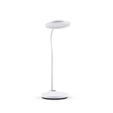 Witte vloerlamp Lumanova D5 met ronde voet en platte, cirkelvormige lampenkap van hjh OFFICE – 360-gradenweergave (vooraanzicht 15°)