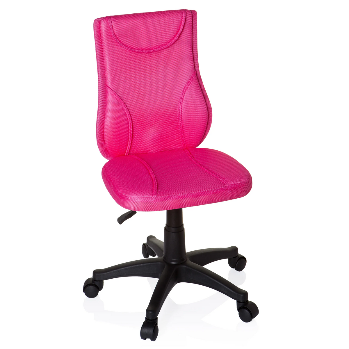 Roze Kinder bureaustoel KIDDY BASE met netrug en zwart vijfpootkruis met wieltjes van hjh OFFICE – 360-gradenweergave (vooraanzicht 20°)