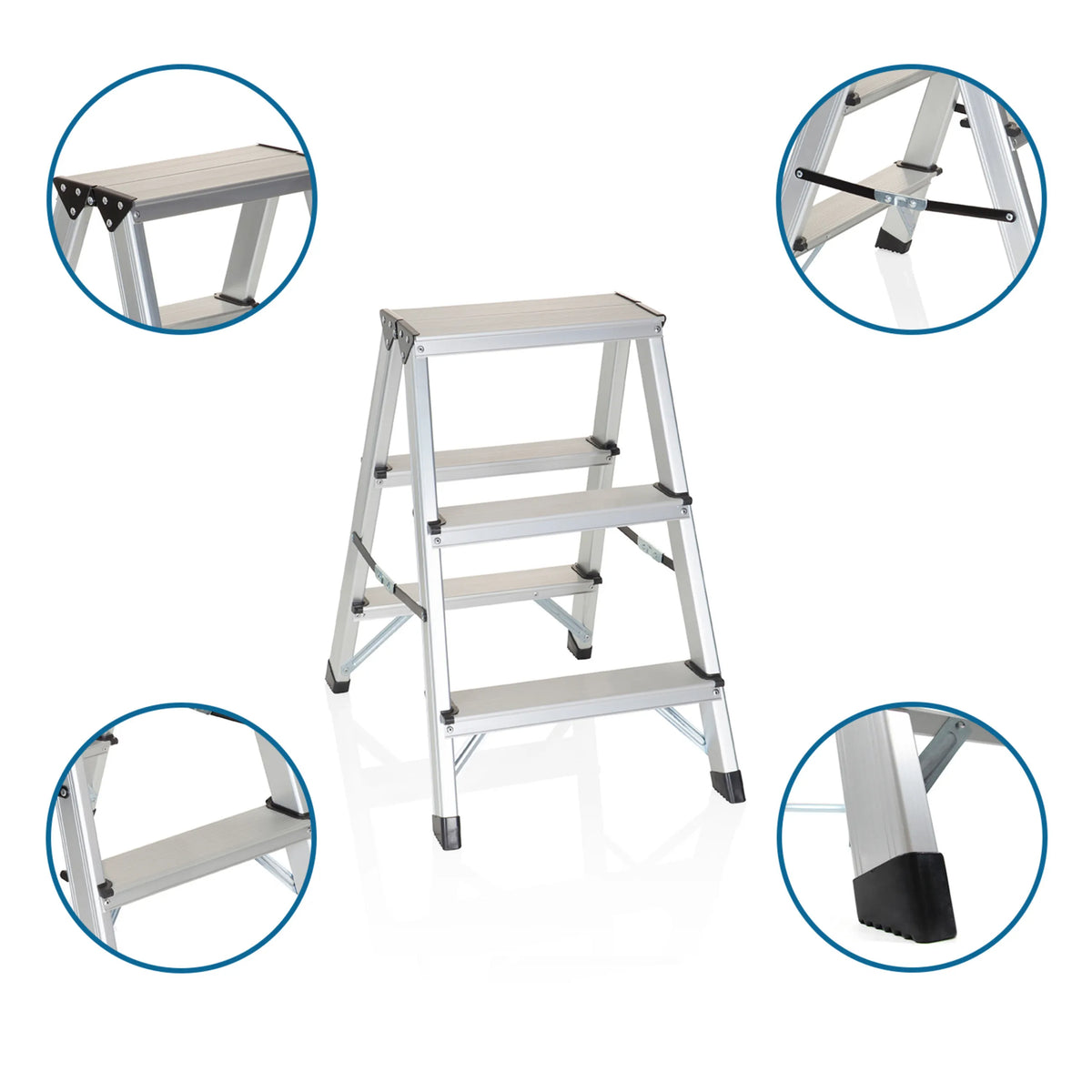 Aluminium klaptrap SOLID met drie treden en detailopnamen van de scharnieren en antislipvoeten van hjh OFFICE