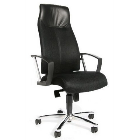 Zwarte professionele directiestoel HIGH SIT UP met netrugleuning, armleuningen en voetkruis van Topstar