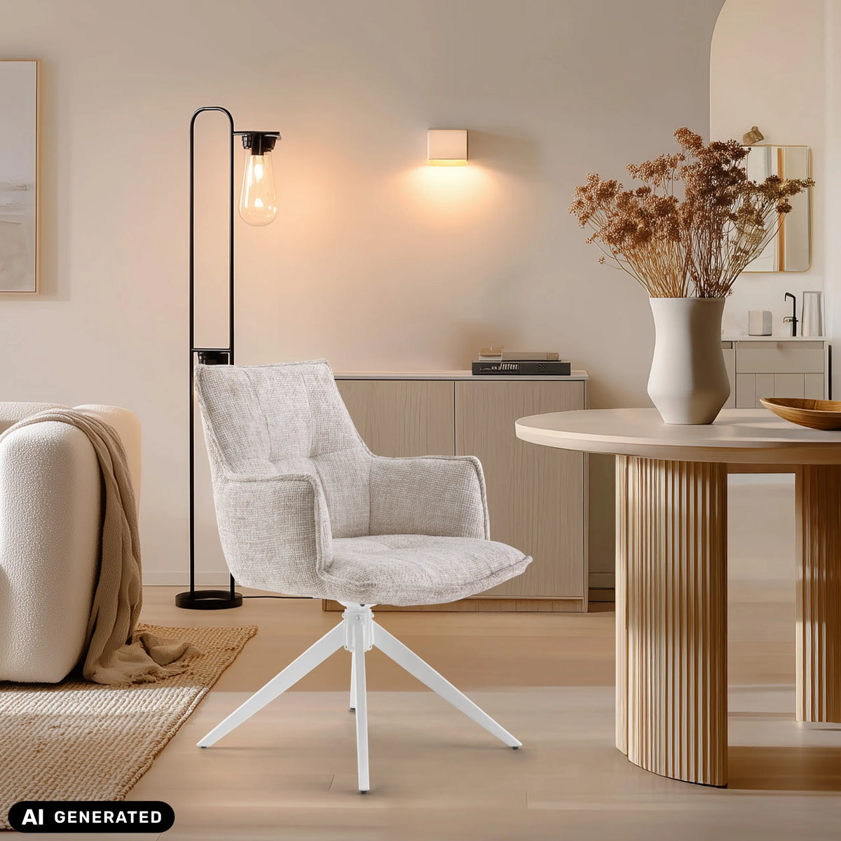 Beige Tavaro eetkamerstoel met wit stervormig onderstel van hjh LIVING (AI-gegenereerde afbeelding)