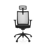 Zwarte Professionele bureaustoel ASPEN PRO met netrug, hoofdsteun en vijfstervoet met wieltjes van hjh OFFICE – 360-gradenweergave (vooraanzicht 0°)