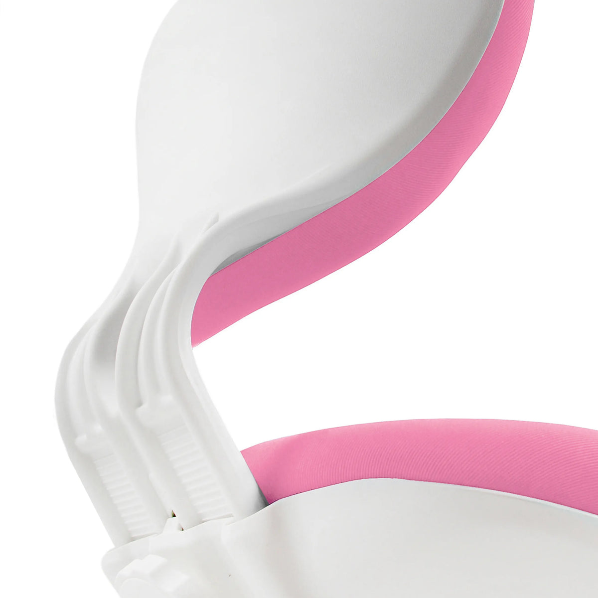 Zijaanzicht van de witte kunststof schaal en roze bekleding van de KID VIVO kinder bureaustoel van hjh OFFICE