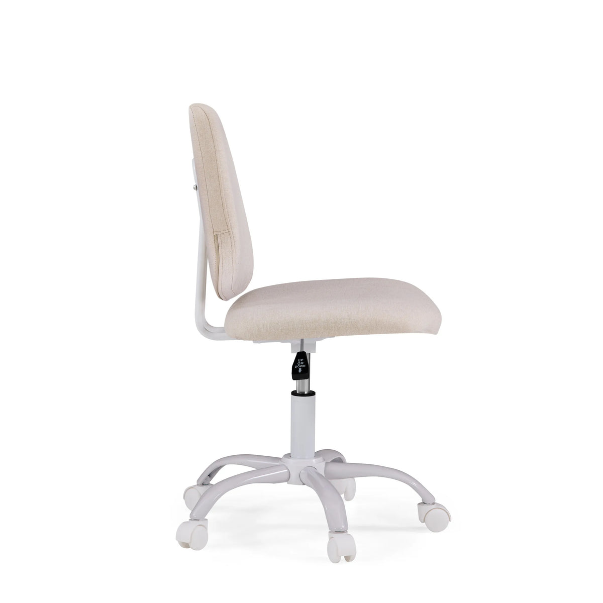 Zijaanzicht van kinder bureaustoel Lumikid in beige met wit onderstel en zwenkwielen van hjh OFFICE