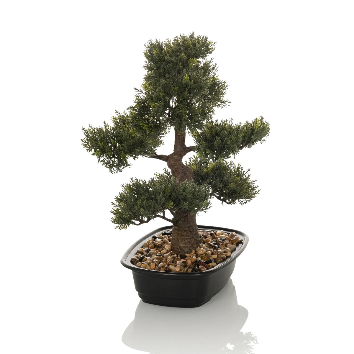 Groene Kunstplant BONSAI in de vorm van een bonsai in een zwarte pot met kiezels van hjh OFFICE – 360-gradenweergave (achteraanzicht 180°)