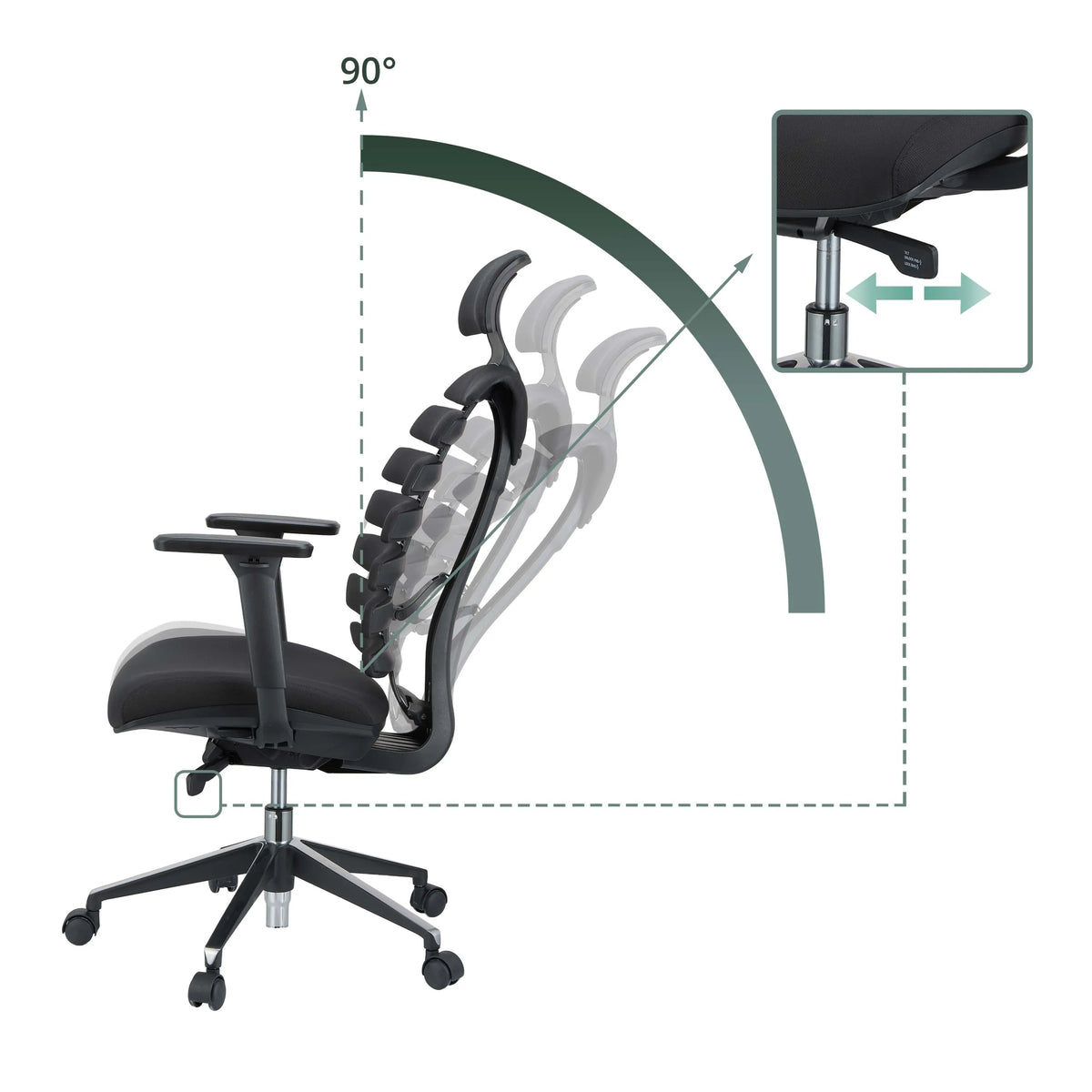 Verstelbare rugleuning en gasveer van de professionele bureaustoel ERGO LINE II PRO met een kantelhoek van 90° van hjh OFFICE