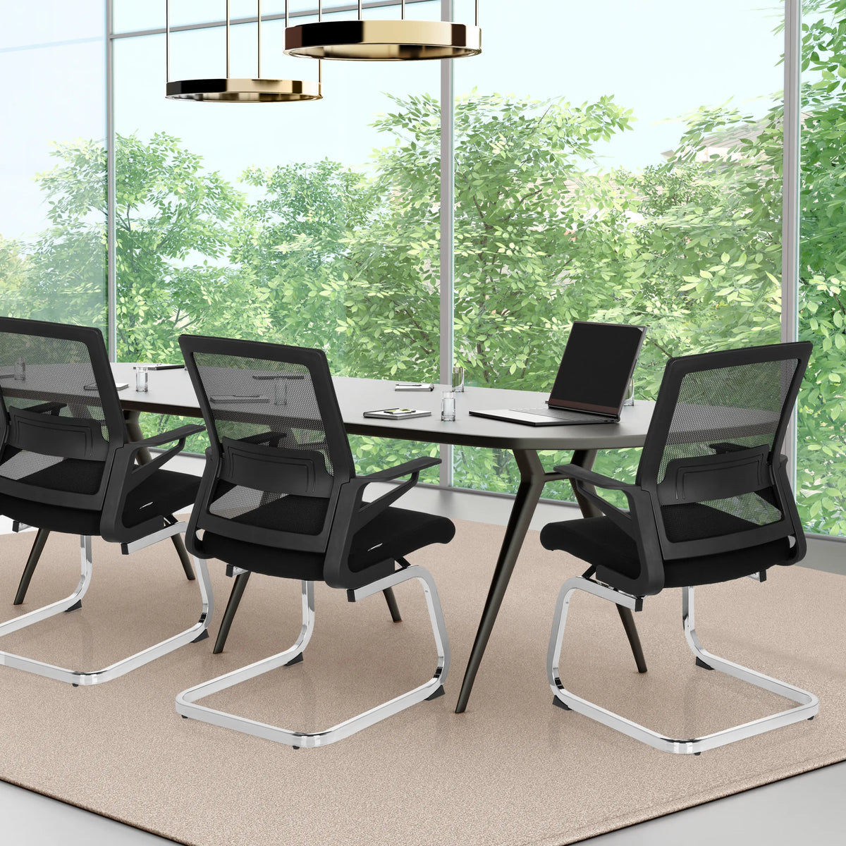 Drie zwarte Vergaderstoelen INVENTOR V met netrugleuning en metalen slee-onderstel van hjh OFFICE