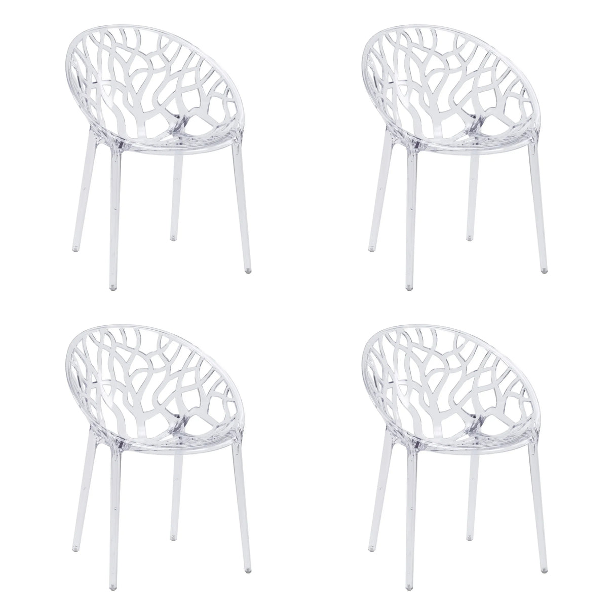 Set van vier transparante Artifo T vierpotige stoelen met organisch patroon op de rugleuning van hjh LIVING