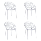 Set van vier transparante Artifo T vierpotige stoelen met organisch patroon op de rugleuning van hjh LIVING