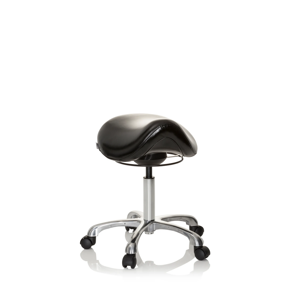 Zwarte Zadelkruk ORTHO SIT met voetkruis en vijf zwenkwielen van hjh OFFICE – 360-gradenweergave (vooraanzicht 20°)