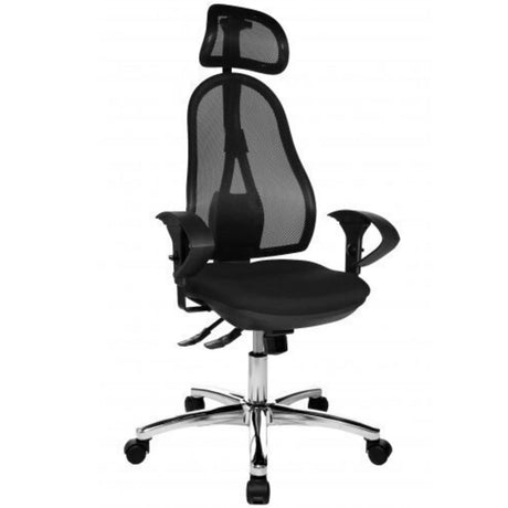 Antracietkleurige Professionele directiestoel OPEN POINT SY SOMO met netrugleuning, hoofdsteun en verchroomd onderstel van Topstar