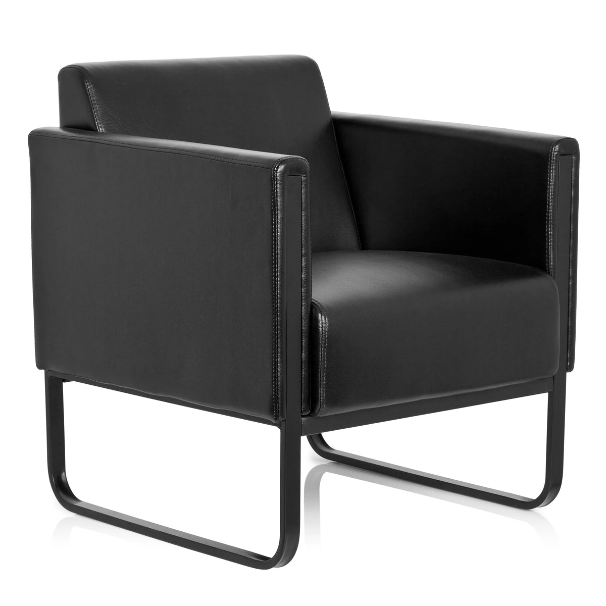 Zwarte gestoffeerde fauteuil BALI BLACK met armleuningen en een onderstel van hjh OFFICE – 360-gradenweergave (schuin vooraanzicht 40°)