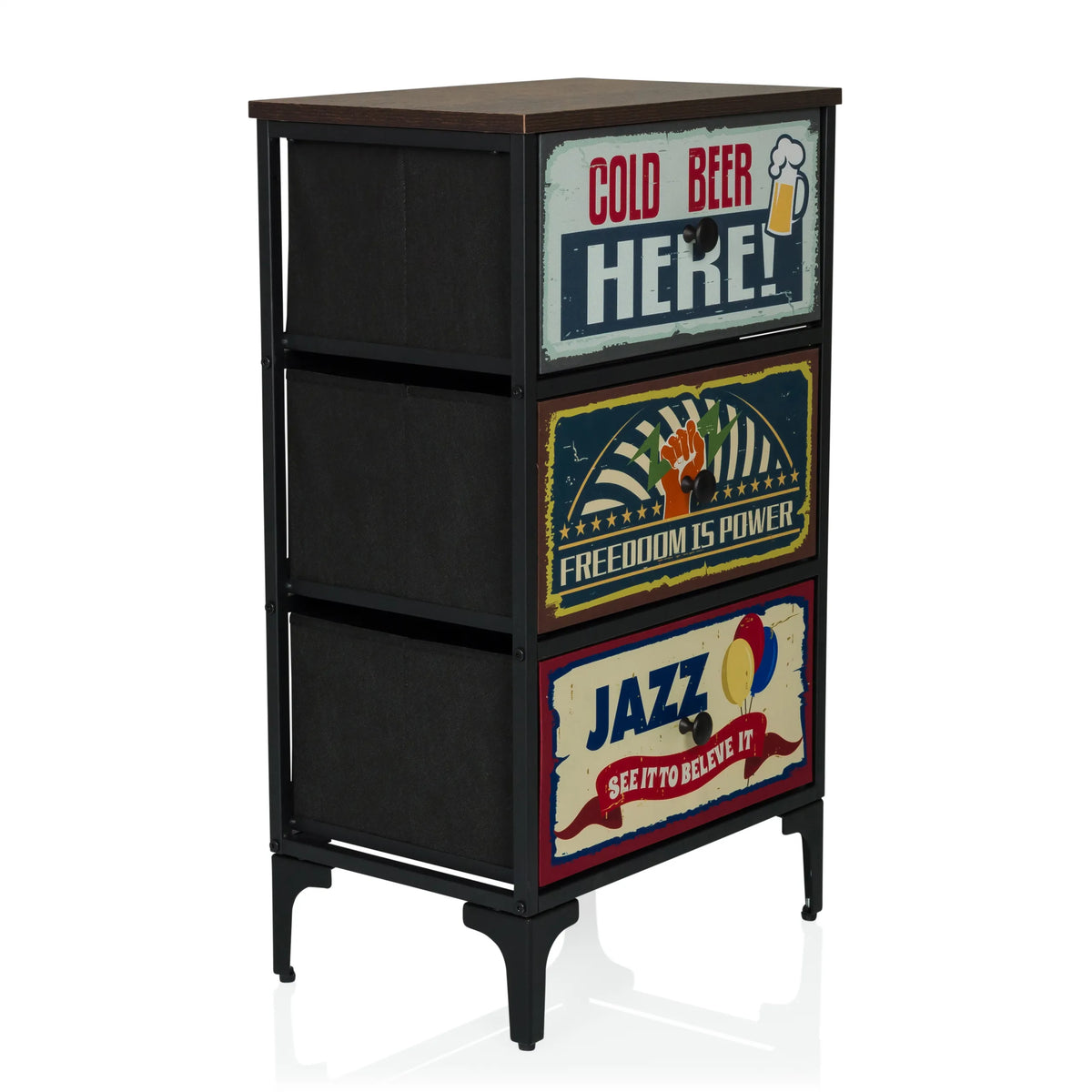 Commode AMERIKO S met drie gedessineerde laden in vintage look en zwart frame van hjh LIVING – 360-gradenweergave (schuin vooraanzicht 45°)