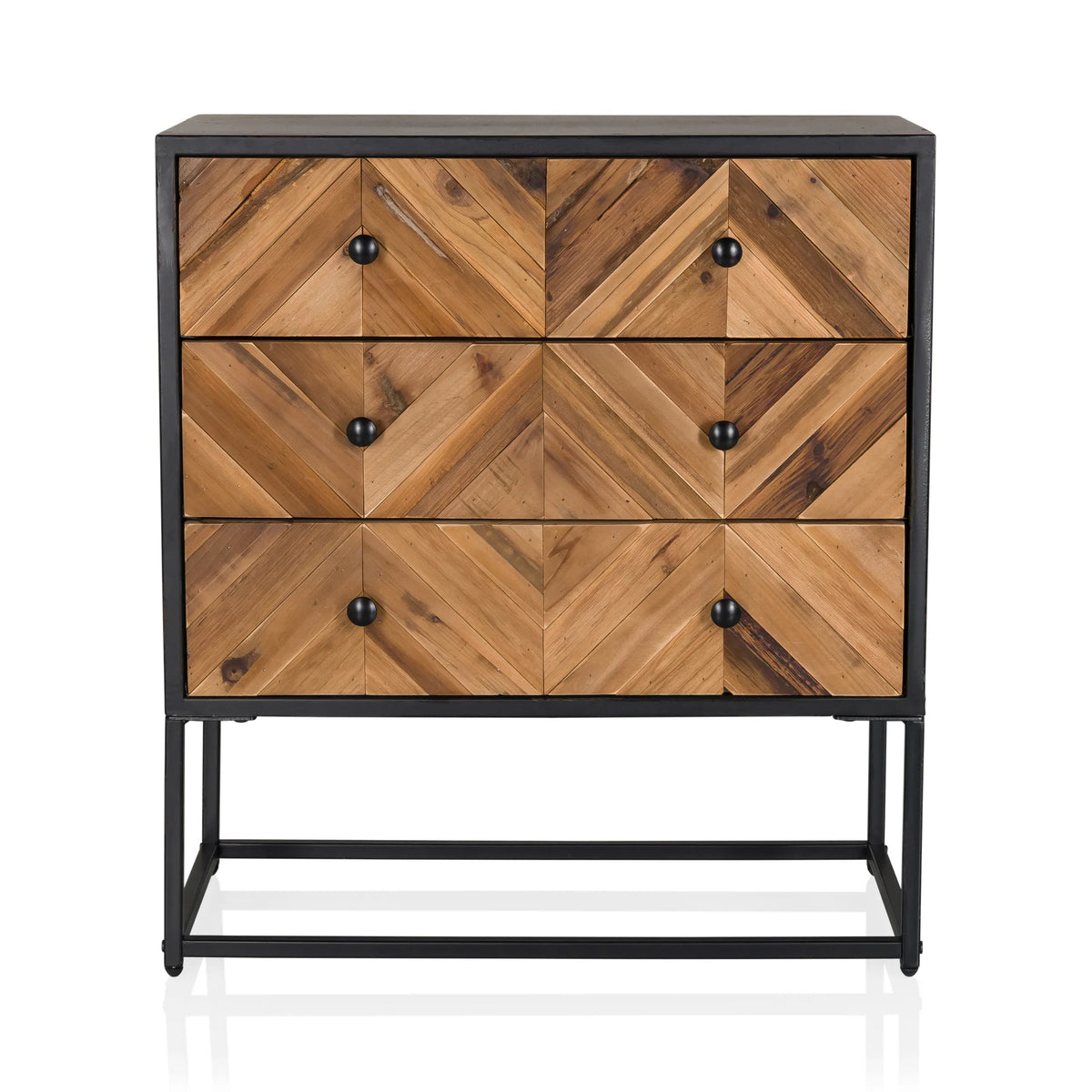 Dressoir SANTJAGO BLACK SUN L met drie laden van hout in visgraatoptiek en zwart frame van hjh LIVING