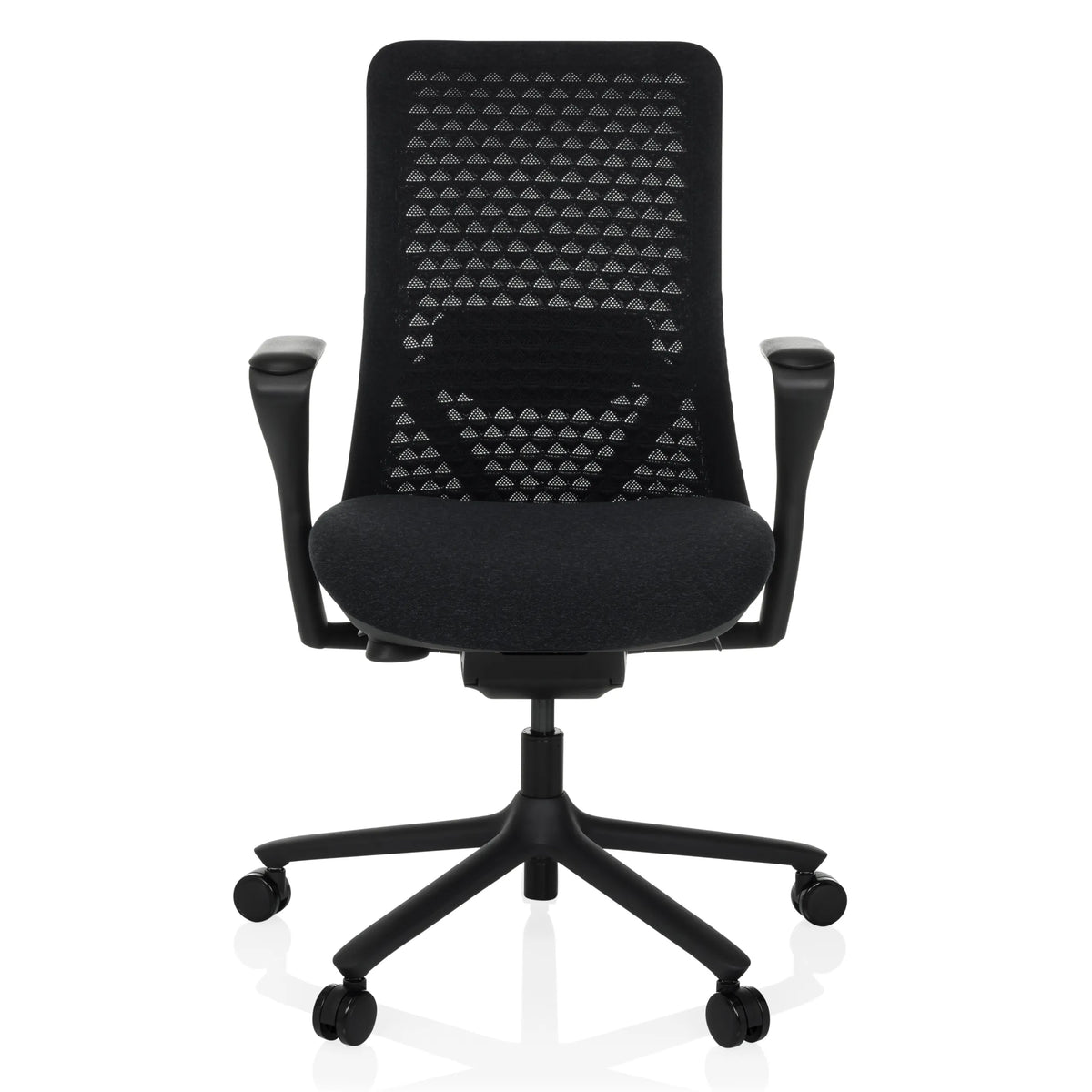 Zwarte High end bureaustoel VERVIO met netrugleuning en vijfpoot met zwenkwielen van hjh OFFICE – 360-gradenweergave (vooraanzicht 0°)
