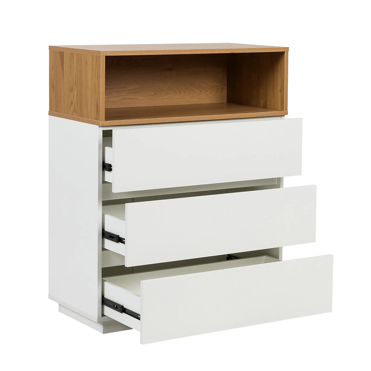 Commode MELMO K in wit en eiken met drie gedeeltelijk uitgetrokken laden van hjh LIVING
