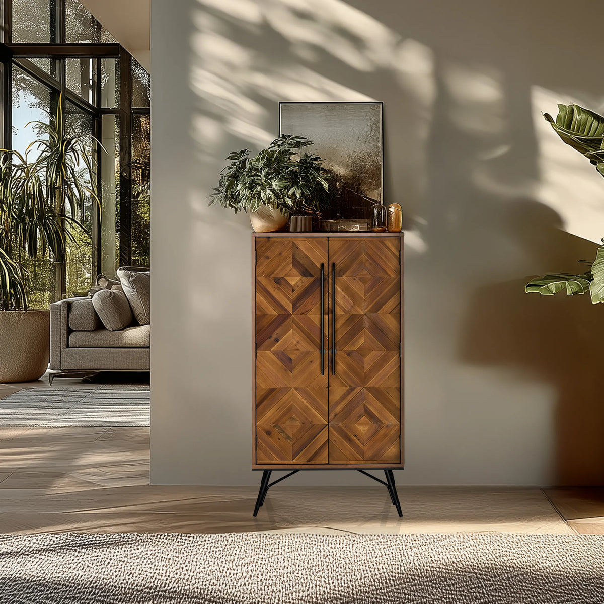 Commode SANTJAGO WOOD HIGH in donkerbruine houttinten met ruitenpatroon front en zwarte grepen van hjh LIVING