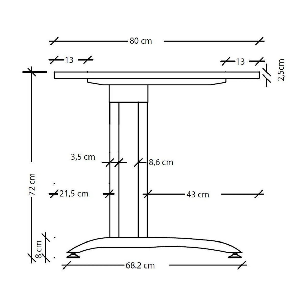 Maßzeichnung des Schreibtischs BELA 8 S mit einer Breite von 80 cm und einer Höhe von 72 cm von hjh OFFICE PRO