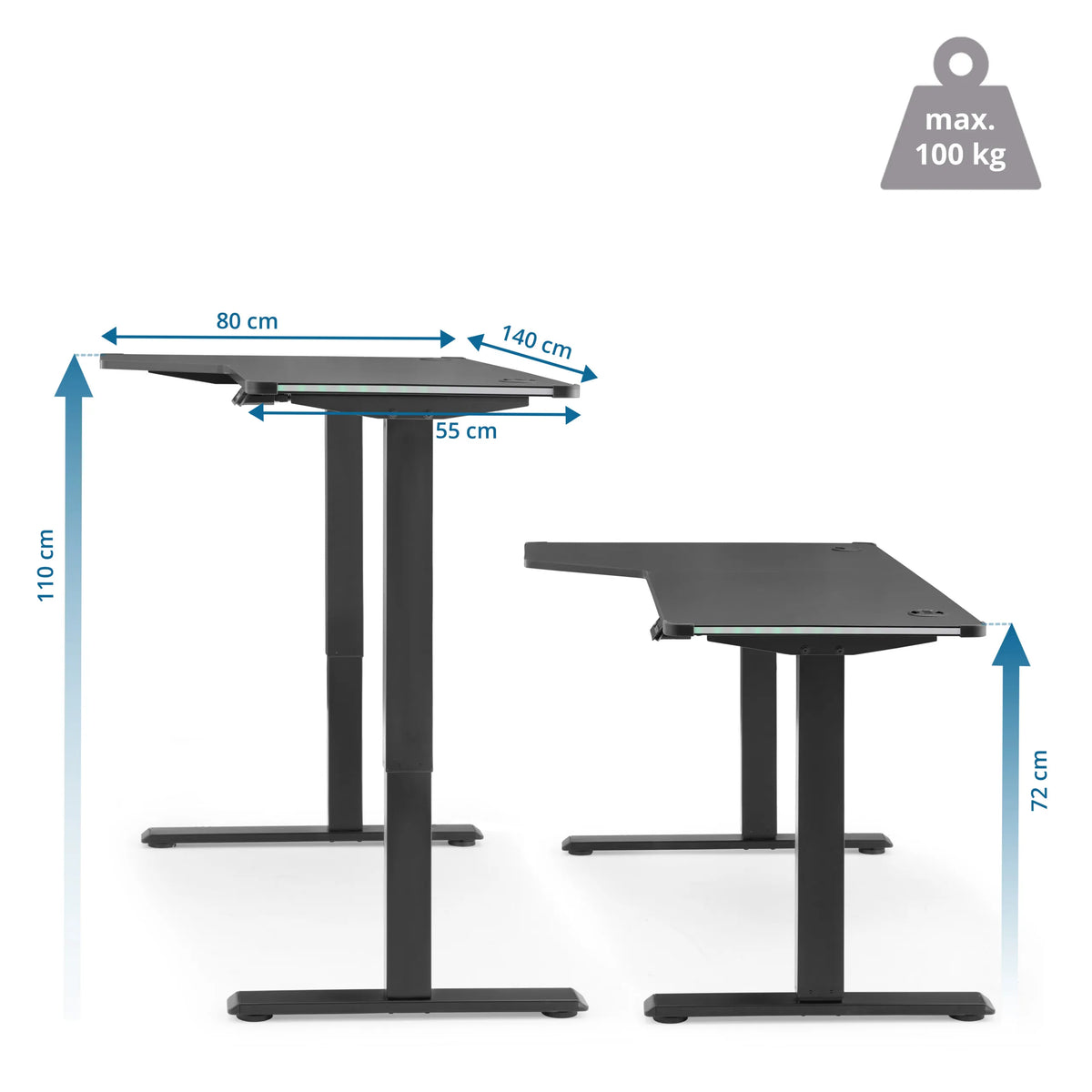 Maattekening van het Elektrisch in hoogte verstelbaar bureau Worktime Game van 140 × 80 cm van hjh OFFICE