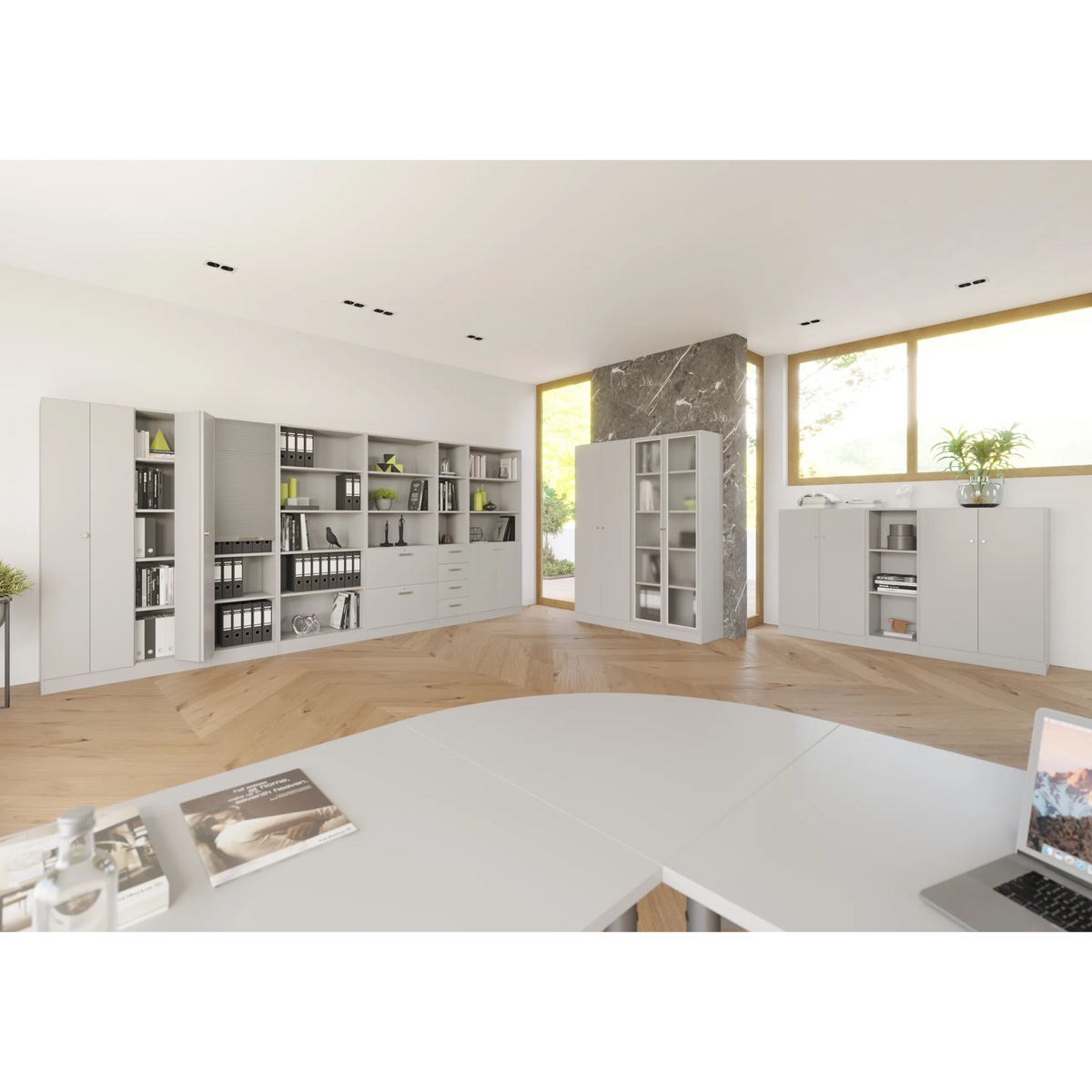 Graues Regalsystem der Serie SIGNA B SIGNA B 6050 mit offenen Fächern und Schubladen von hjh OFFICE PRO