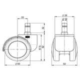 Technische tekening van de 5x ROLO FREE 10mm/50mm bureaustoelwielen met een roldiameter van 50 mm van hjh OFFICE