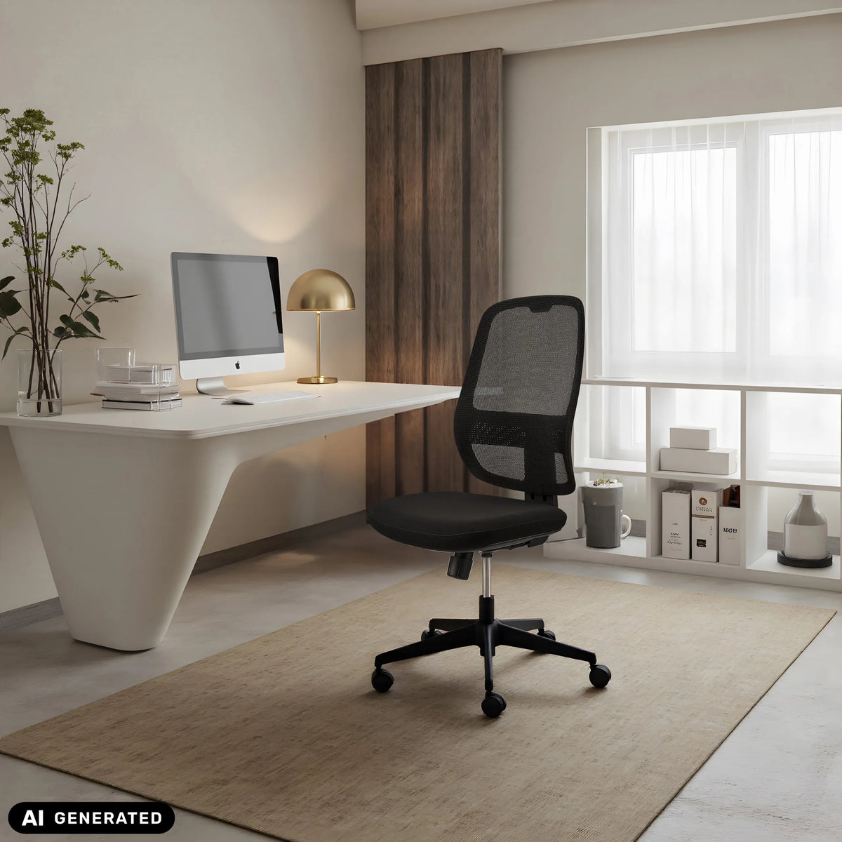 Zwarte professionele bureaustoel Minoro B met netrugleuning in een licht thuiskantoor van hjh OFFICE (AI-gegenereerde afbeelding)