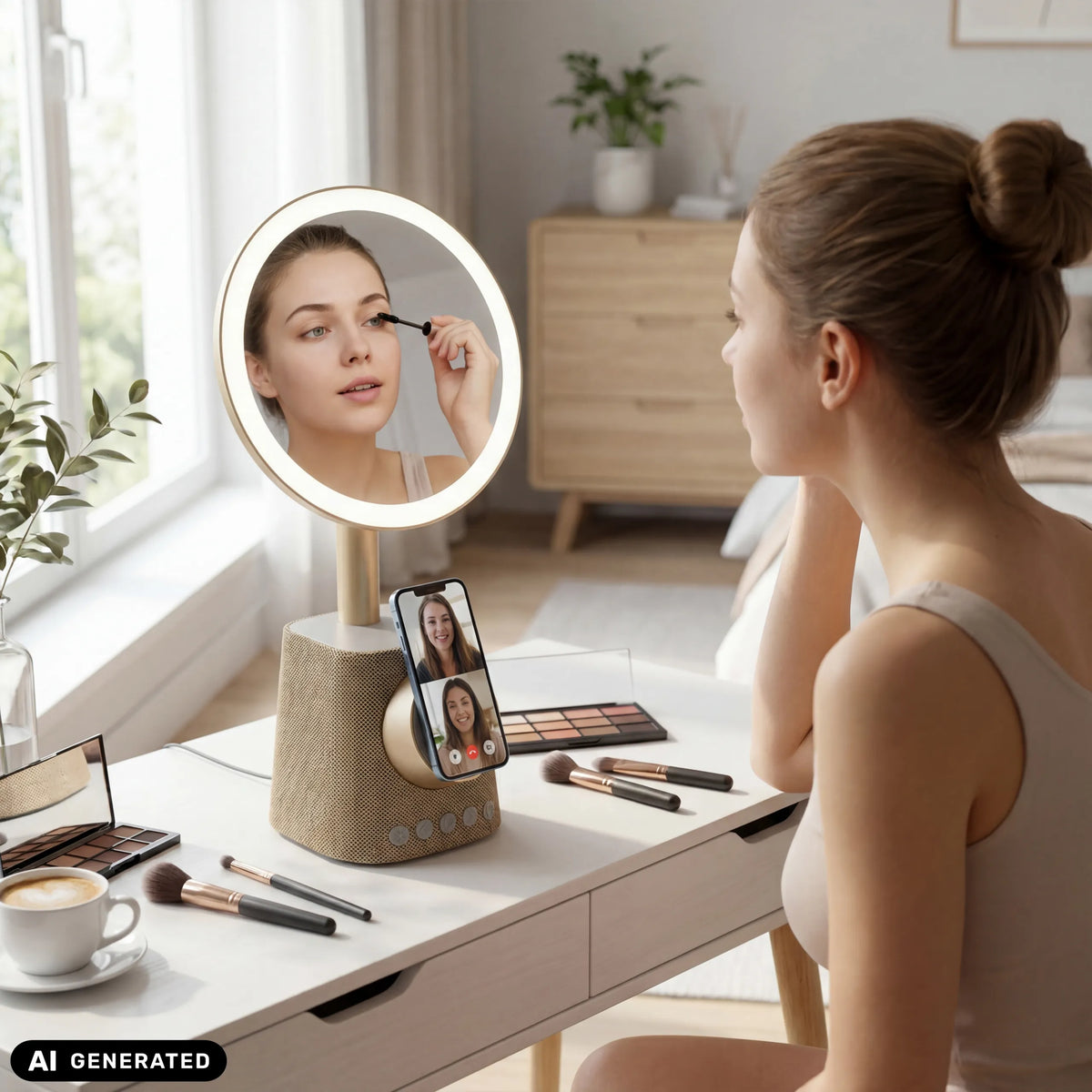 Gouden Glamlody make-up spiegel met geïntegreerde verlichting en smartphonehouder van hjh OFFICE (AI-gegenereerde afbeelding)
