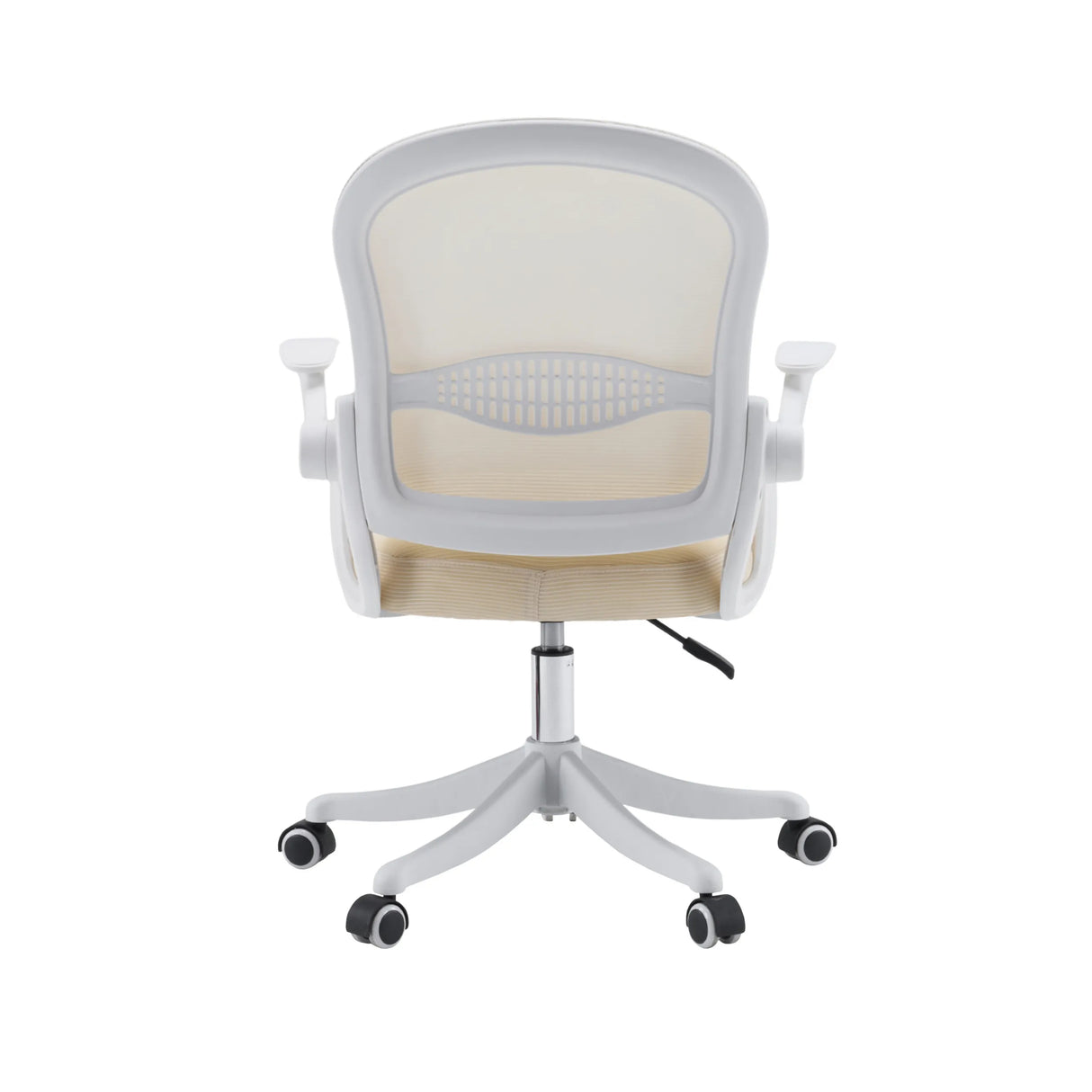 Achterzijde van de Naluro Thuisgebruik bureaustoel in beige met netrugleuning en wit onderstel van hjh OFFICE