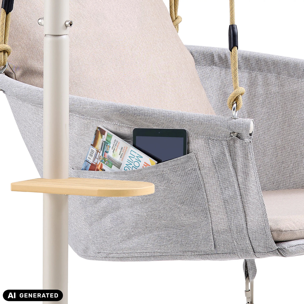 Zijzak met tablet en tijdschrift aan de Skylo hangstoel inclusief kleine bijzettafel van hjh LIVING (AI-gegenereerde afbeelding)