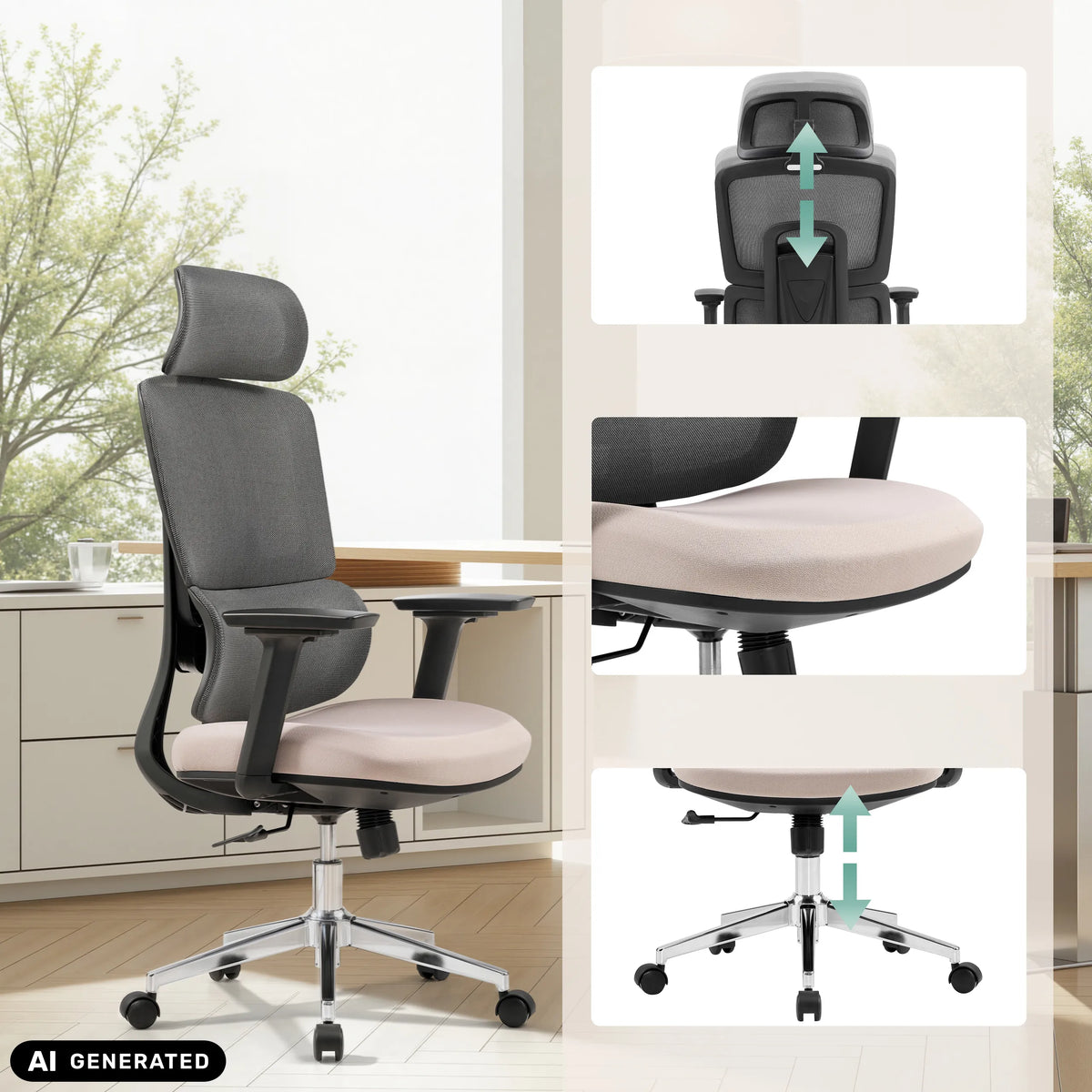 Professionele bureaustoel Ergomy Pro in donkergrijs en beige met verstelmogelijkheden van hjh OFFICE (AI-gegenereerde afbeelding)