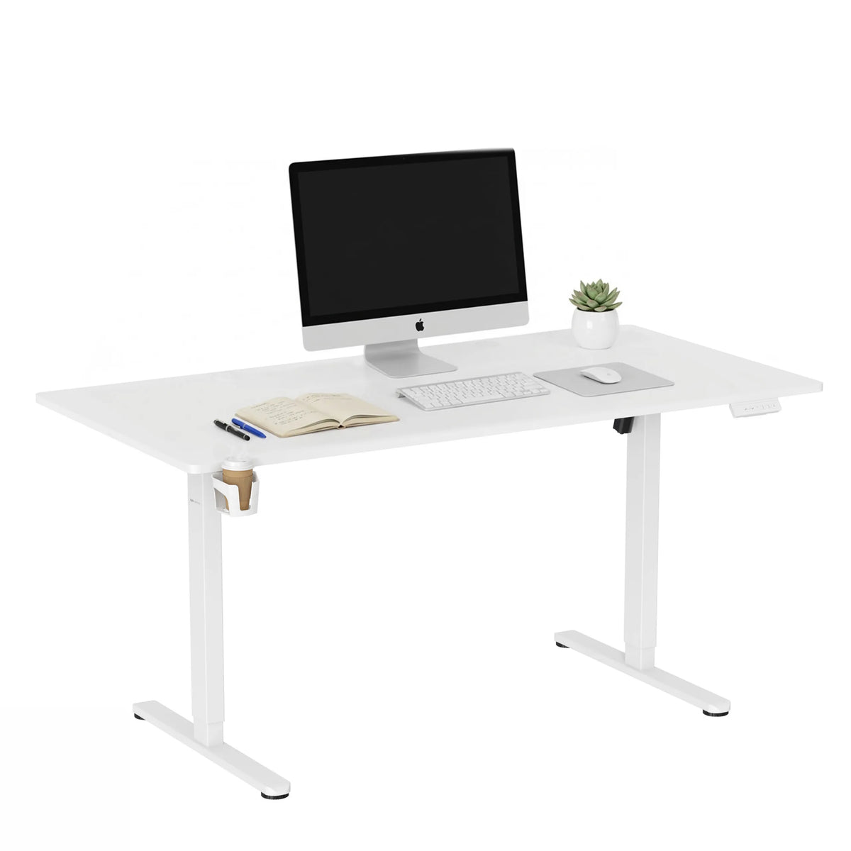 Elektrisch in hoogte verstelbaar bureau Worktime in wit met monitor, toetsenbord en bekerhouder van hjh OFFICE