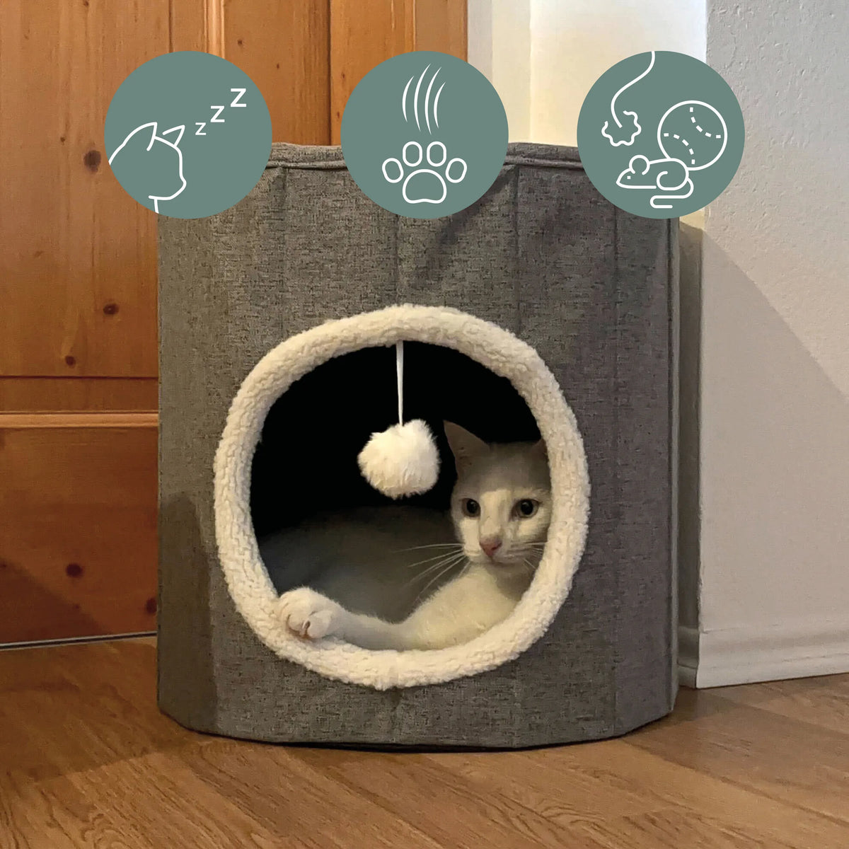 Grijze PAWY R kattengrot met witte pluchen rand, geïntegreerde speelbal en een kat erin van hjh LIVING