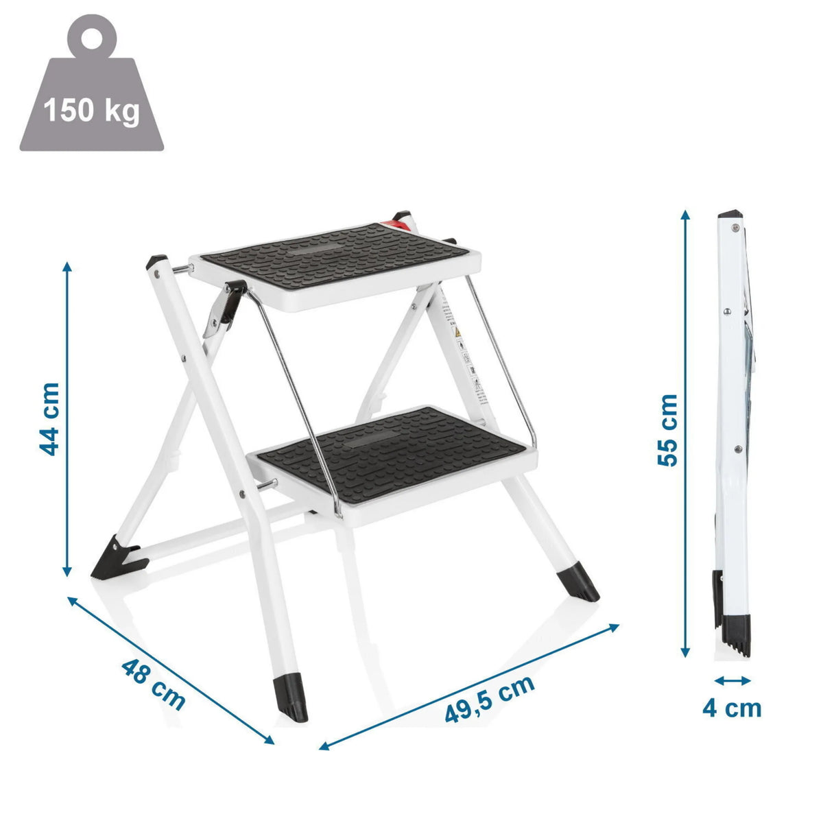 Maattekening van de Klaptrap SOLID W1 met een hoogte van 44 cm en een draagvermogen van 150 kg van hjh OFFICE