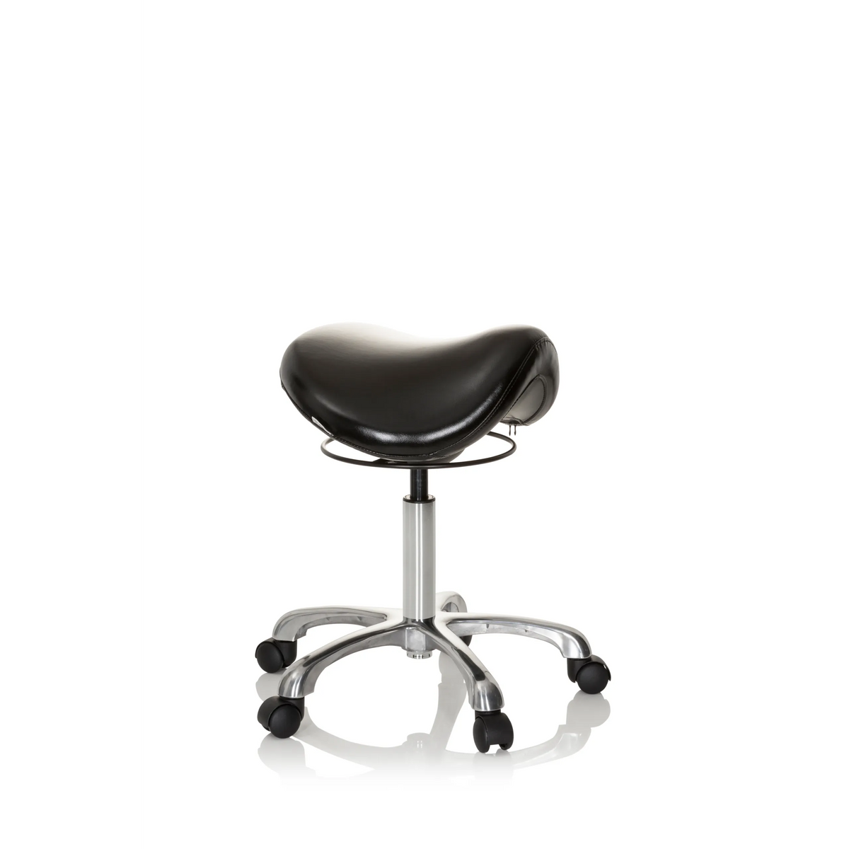 Zwarte Zadelkruk ORTHO SIT met voetkruis en vijf zwenkwielen van hjh OFFICE – 360-gradenweergave (schuin vooraanzicht 60°)