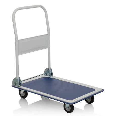 Blauw-witte Platformwagen CARRY met inklapbaar handvat en vier zwenkwielen van hjh OFFICE