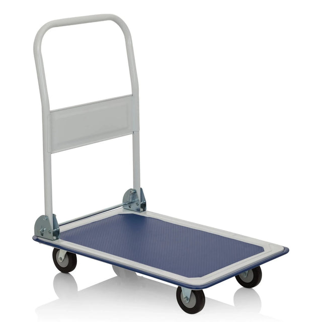 Blauw-witte Platformwagen CARRY met inklapbaar handvat en vier zwenkwielen van hjh OFFICE