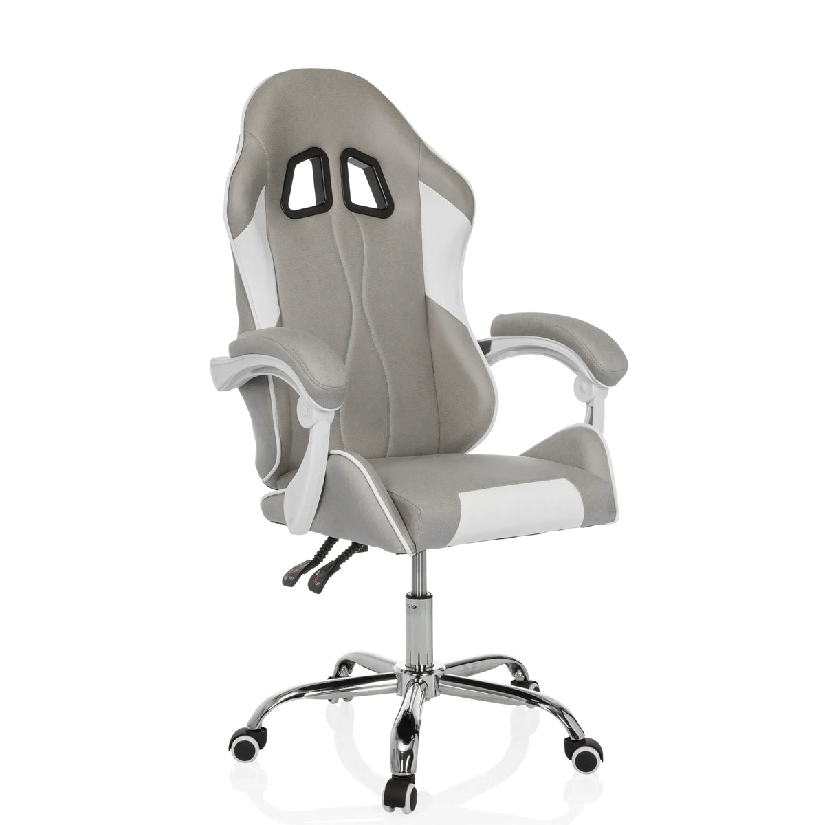 Grijs-witte Gamestoel GAMEBREAKER W03 met twee openingen voor hoofdsteunen en een vijfpoot met zwenkwielen van MyBuero – 360-gradenweergave (schuin vooraanzicht 30°)