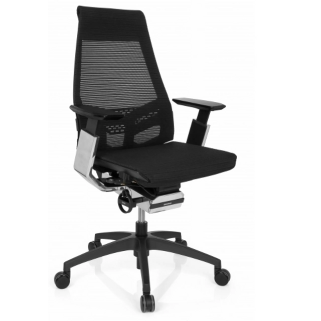 Professionele bureaustoel GENIDIA SMART BLACK CM met zwarte netbekleding en chroomaccenten van hjh OFFICE