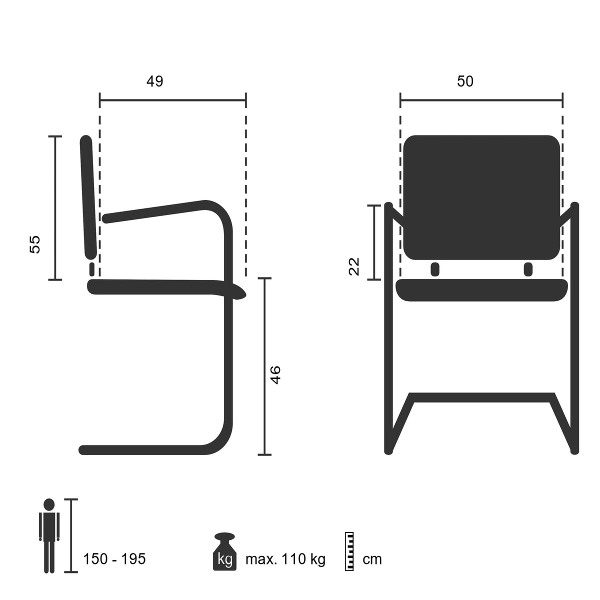 Technische tekening van de Vergaderstoel BAROLO V met een zithoogte van 46 cm van hjh OFFICE