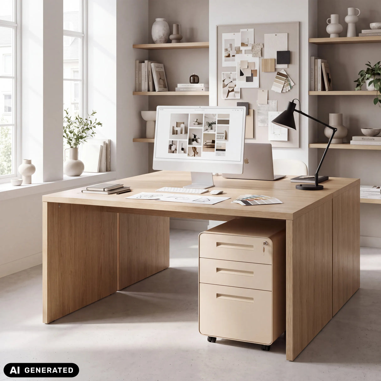 Beige metalen COLOR PLUS I ladeblok met drie laden onder een bureau van hjh OFFICE (AI-gegenereerde afbeelding)