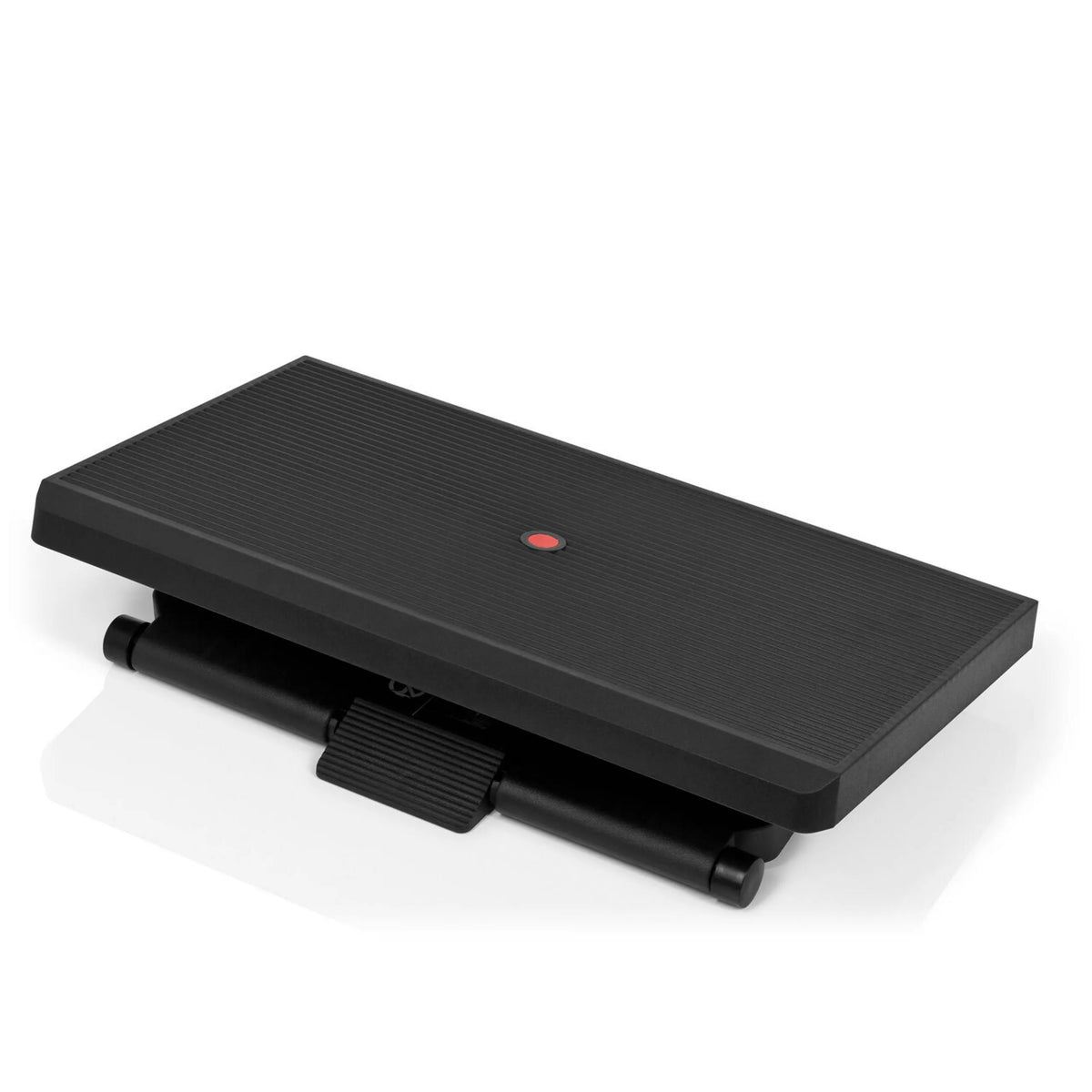 Zwarte Voetensteun PIEDINO STRIPE PRO met geribbelde oppervlakte en rode knop van hjh OFFICE – 360-gradenweergave (schuin vooraanzicht 31°)