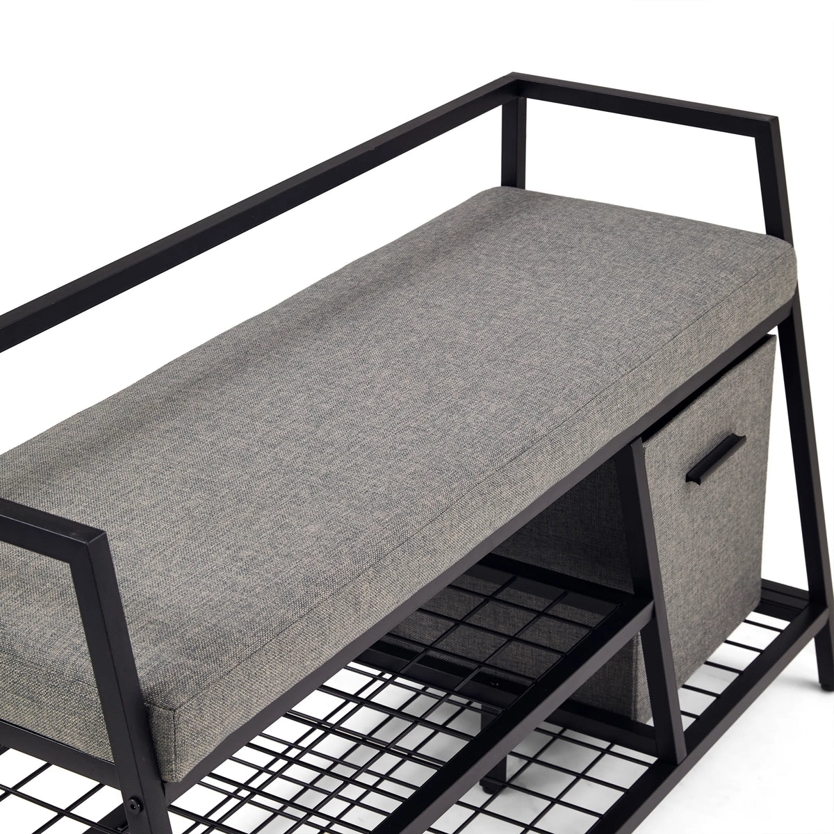 Grijs zitvlak en opbergvak van de Estha Loft schoenenkast met zwart metalen frame van hjh LIVING