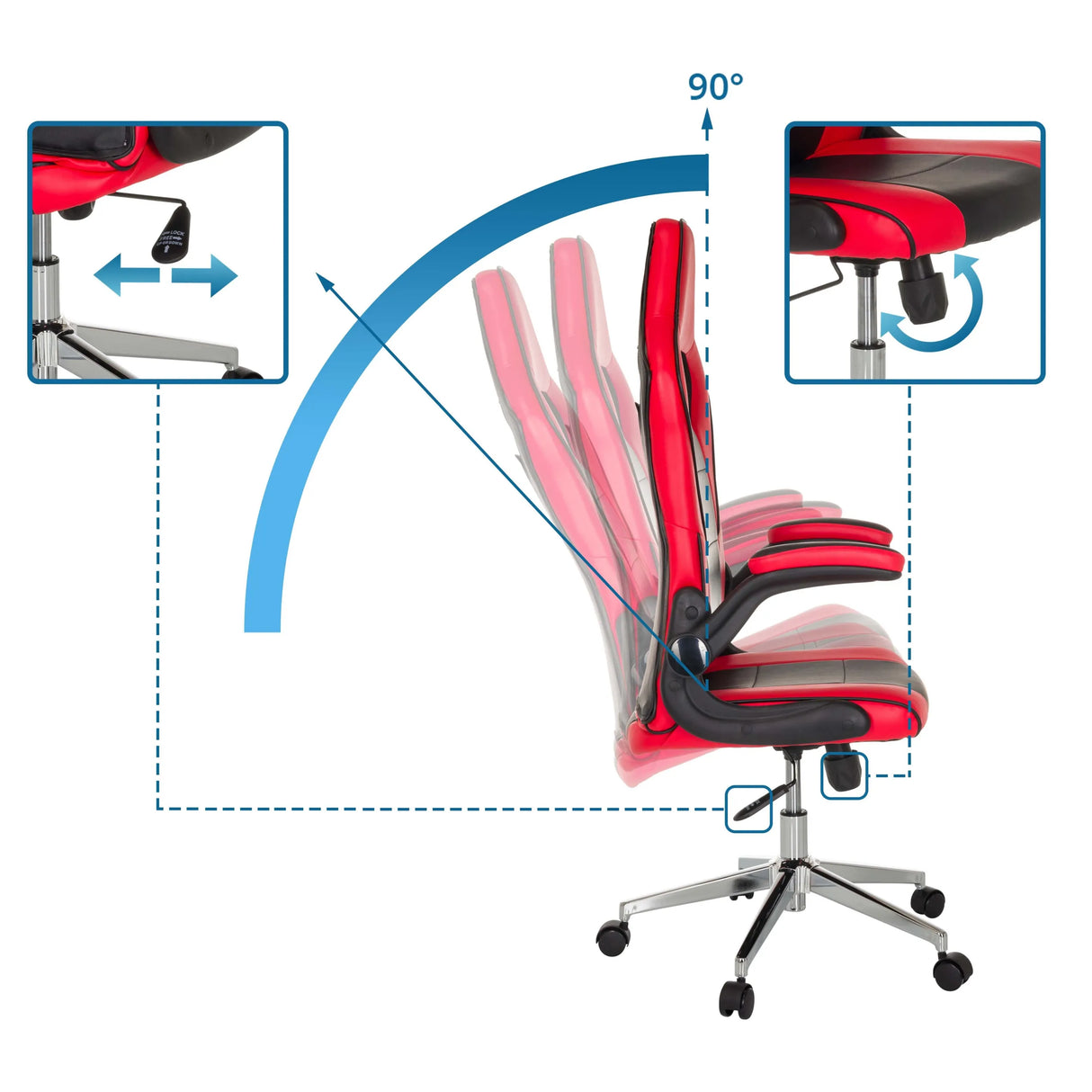 Verstelbare rugleuning van de GAME SPORT PRO gamestoel met een helling van 90 graden van MyBuero