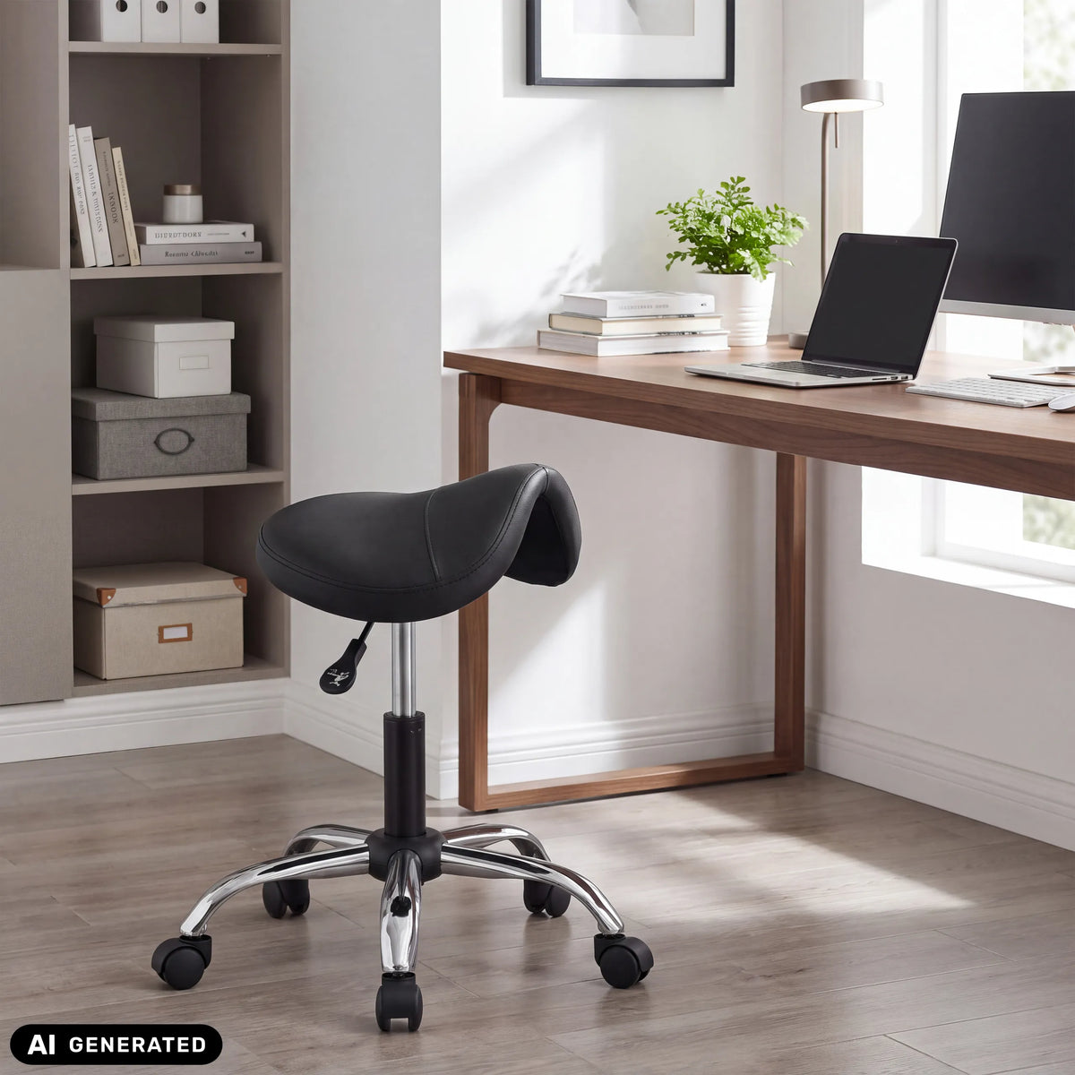 Zadelkruk Sattix in het zwart met verchroomd kruisvoet en zwenkwielen van hjh OFFICE (AI-gegenereerde afbeelding)