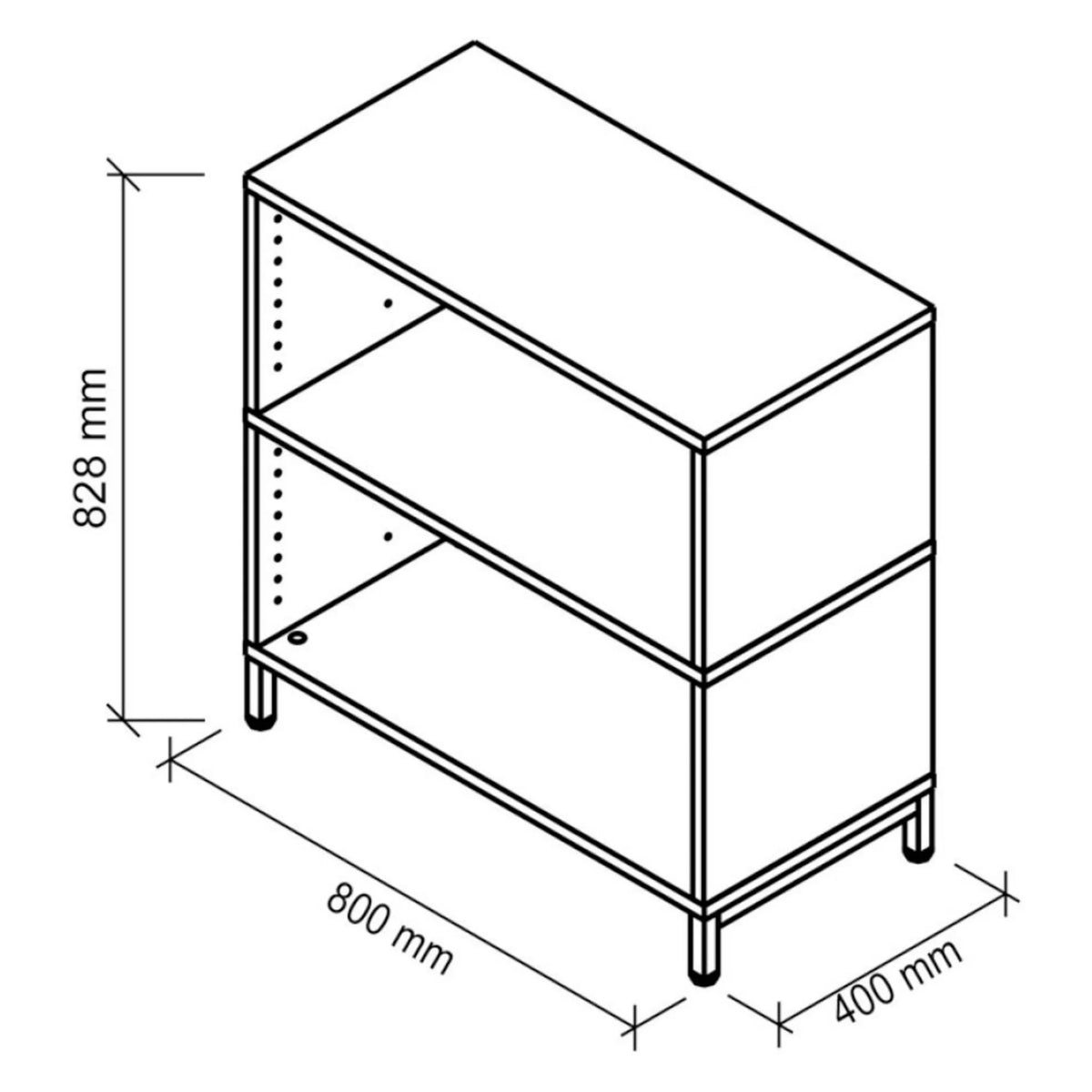 Technische tekening van het FlexWall lowboard met twee open vakken, 800 × 400 mm van hjh OFFICE PRO