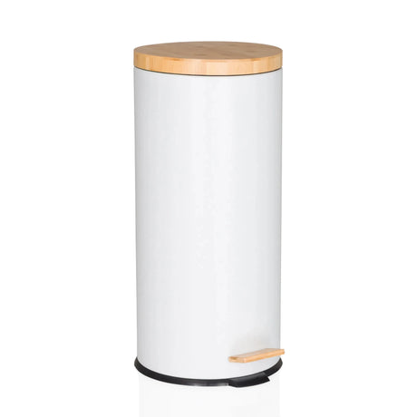 Witte prullenbak CLEAN BAMBOO met matte afwerking, bamboe deksel en voetpedaal van hjh OFFICE