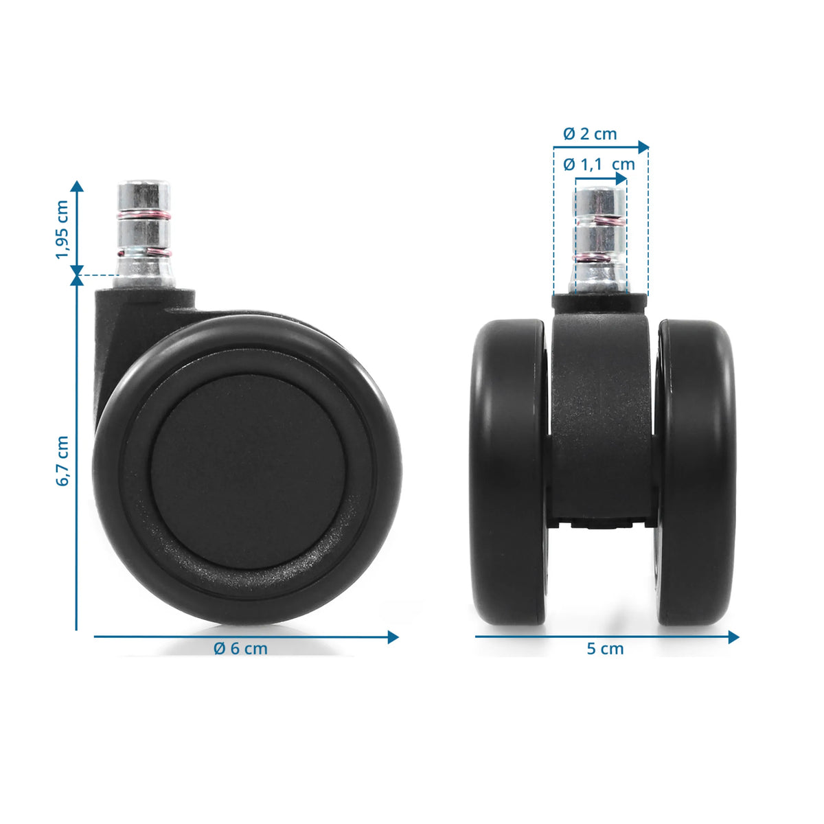Maattekening van de Bureaustoelwielen 5x ROLO COLOR 60 11mm/60mm met een diameter van 6 cm van hjh OFFICE