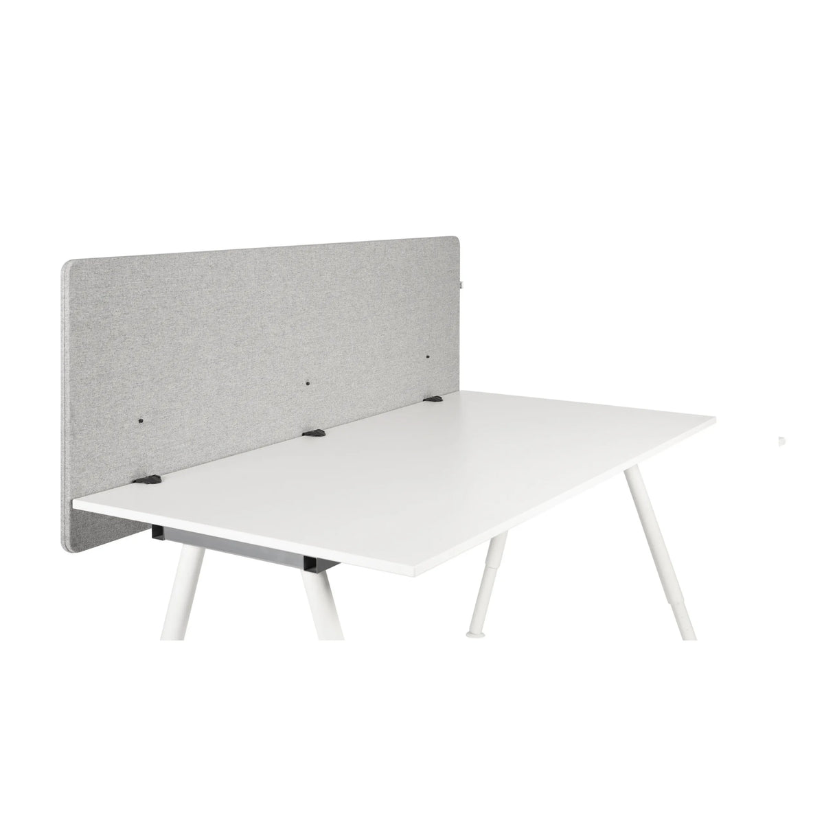Lichtgrijs gemêleerde tafelverdeler FLEXMIUT D 160 op een wit bureau van hjh OFFICE – 360-gradenweergave (vooraanzicht 0°)